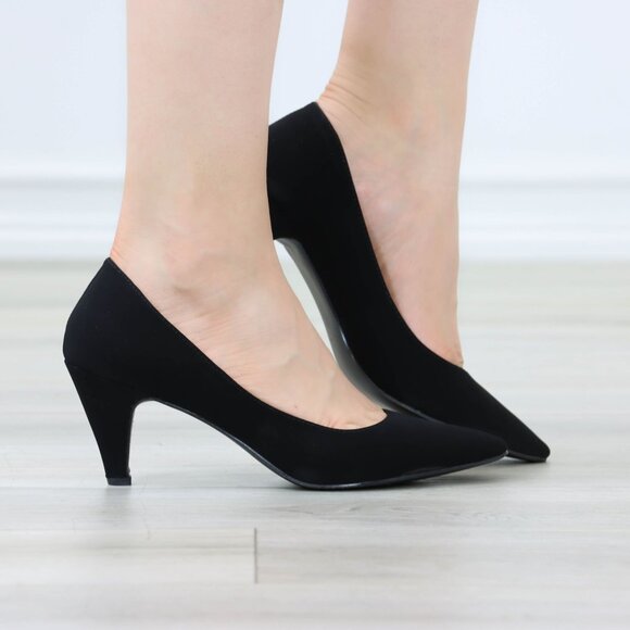 Kitten Low Heel Shoes Rockabilly Vintage Style Pointed Toe Pumps Black Nubuck - Picture 1 of 12
